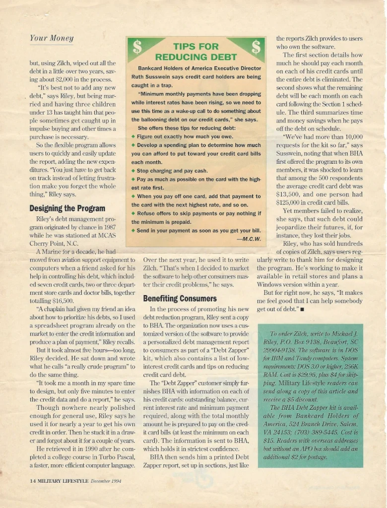 Page from Military Lifestyle magazine (December 1994) titled “Tips for Reducing Debt,” featuring advice from the Bankcard Holders of America, with an inset article on Michael Riley’s early debt-management software, Zilch.