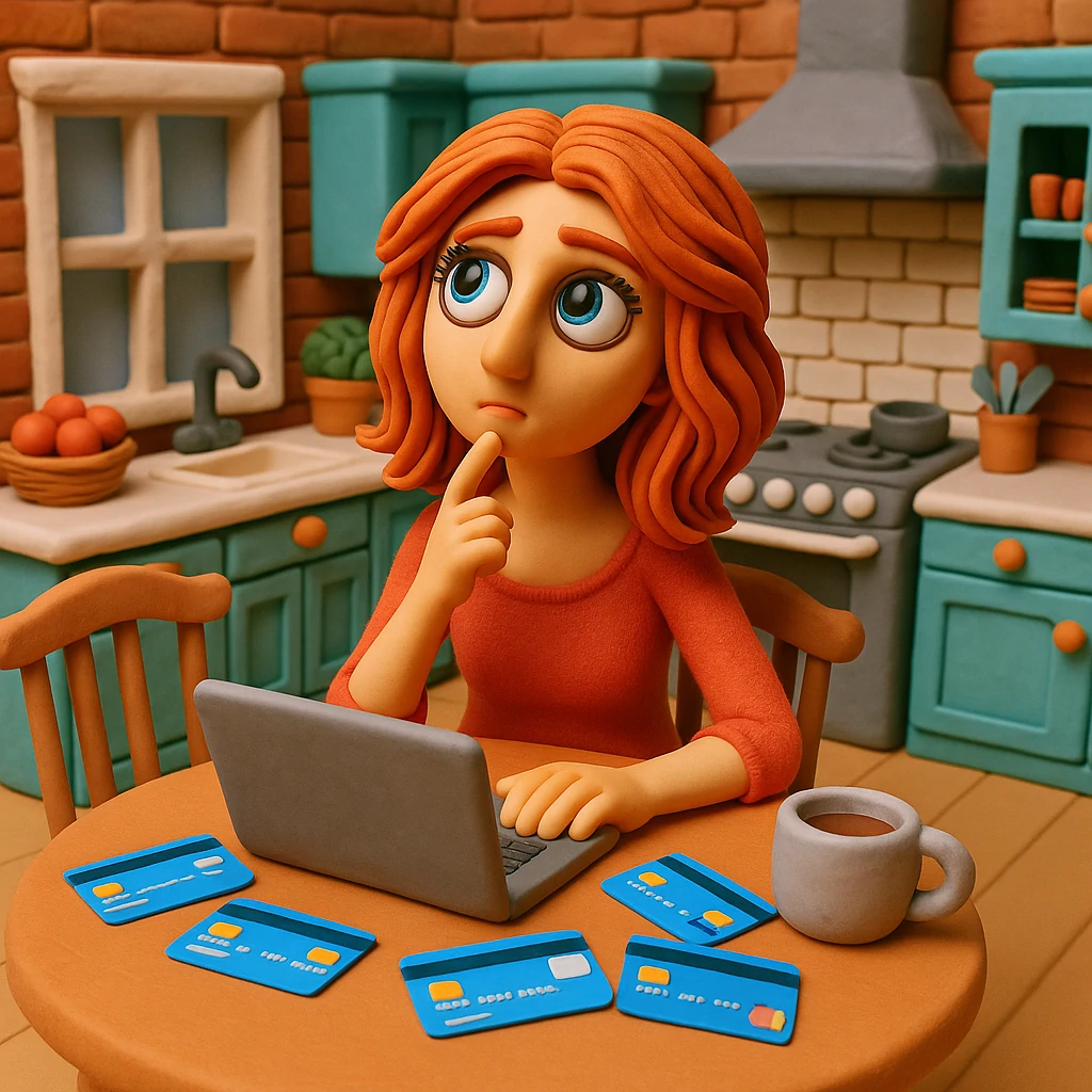 A clay-style figure of a worried person seated at a kitchen table with laptop open, surrounded by credit cards and a cup of coffee