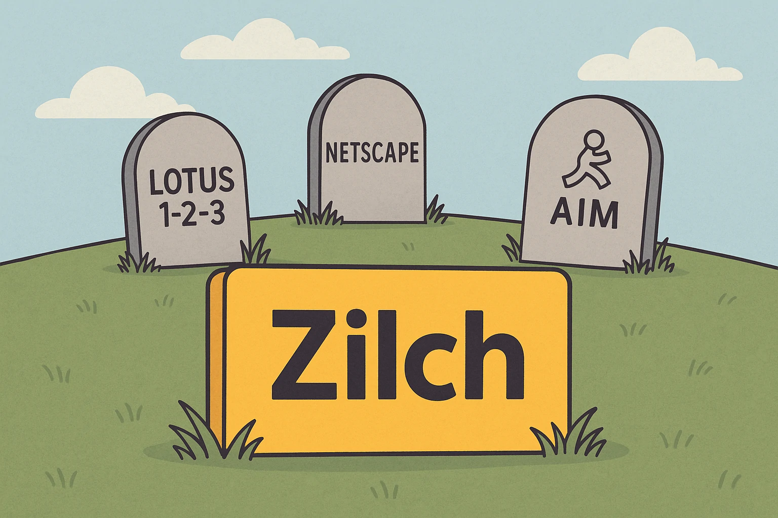 Cartoon gravestones of Lotus 1-2-3, Netscape, and AIM with Zilch shining bright in front, symbolizing software longevity and survival since 1991.