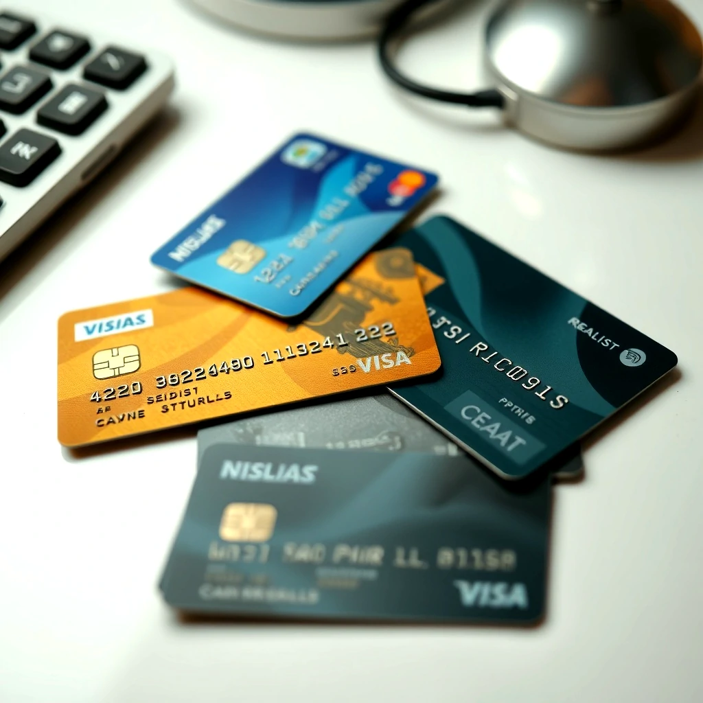 Stack of credit cards on a desk next to a calculator, representing credit card minimum payment calculation