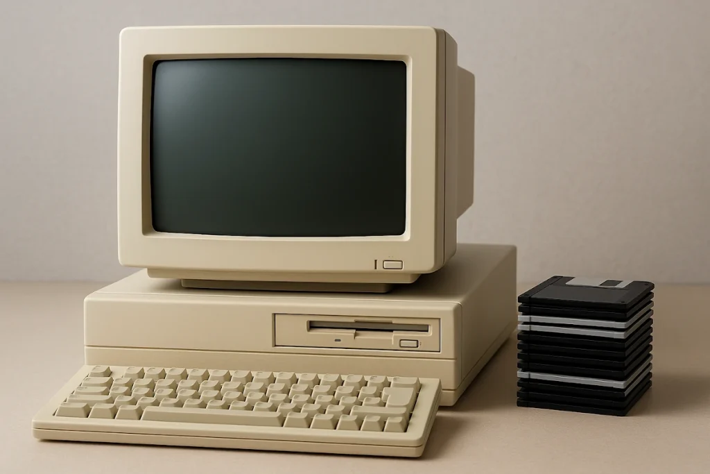 Illustration of a desktop computer and floppy disks representing the 1991 shareware release of the first Debt Snowball Calculator.