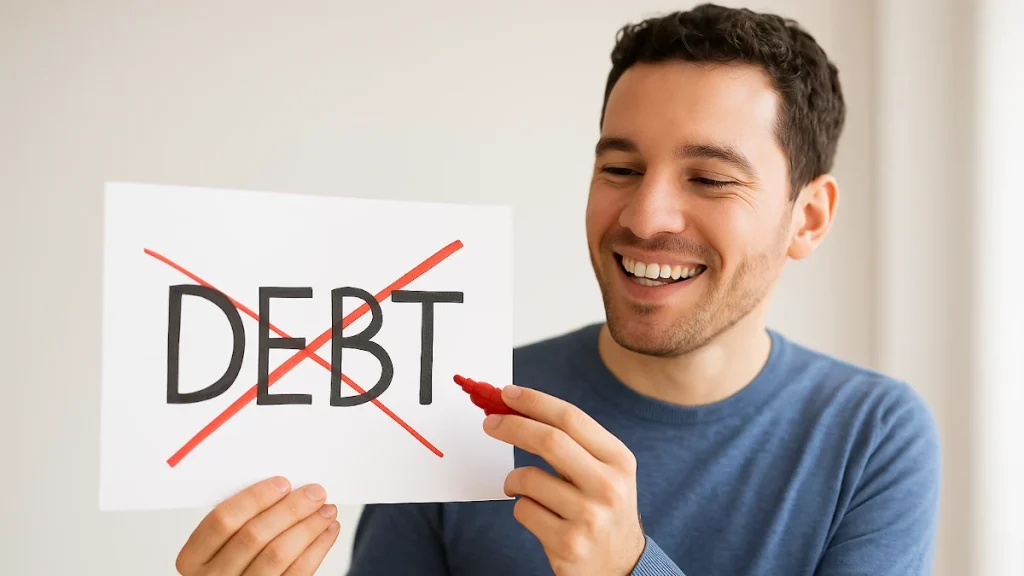 Illustration of a person happily crossing a bill off their list after using the Debt Snowball method.