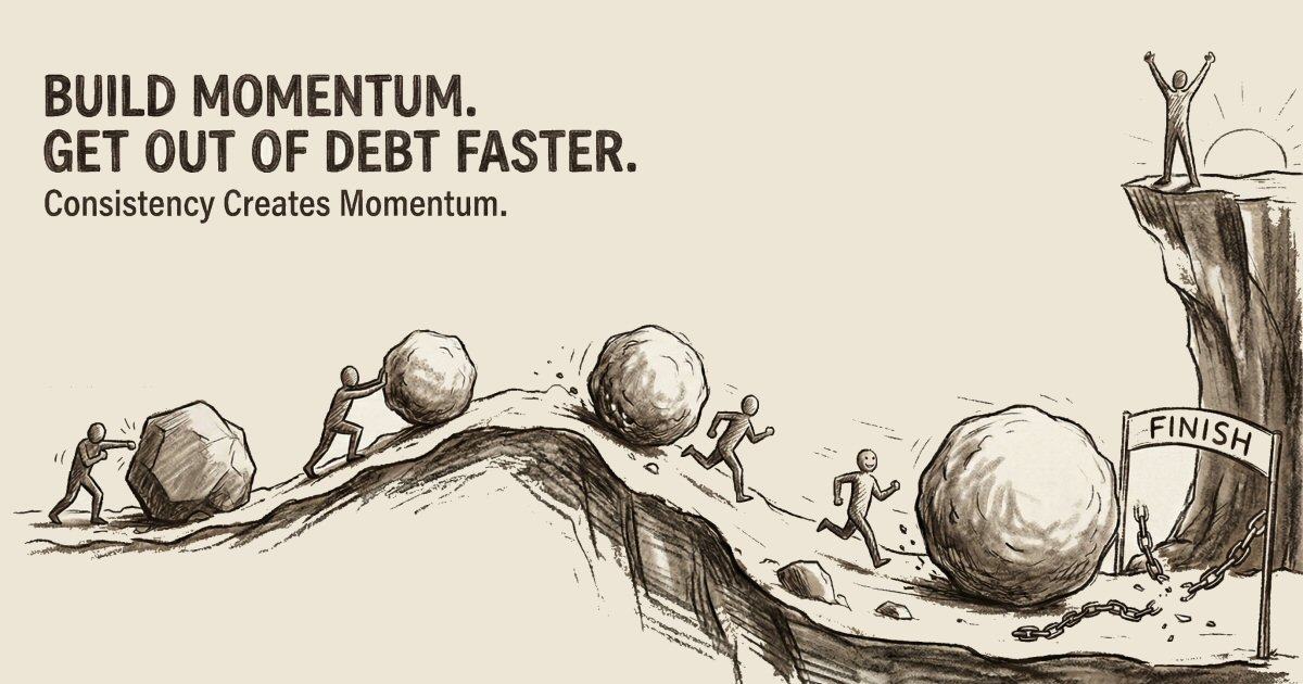 Man standing at the base of a long staircase preparing to climb, representing the start of building momentum to get out of debt